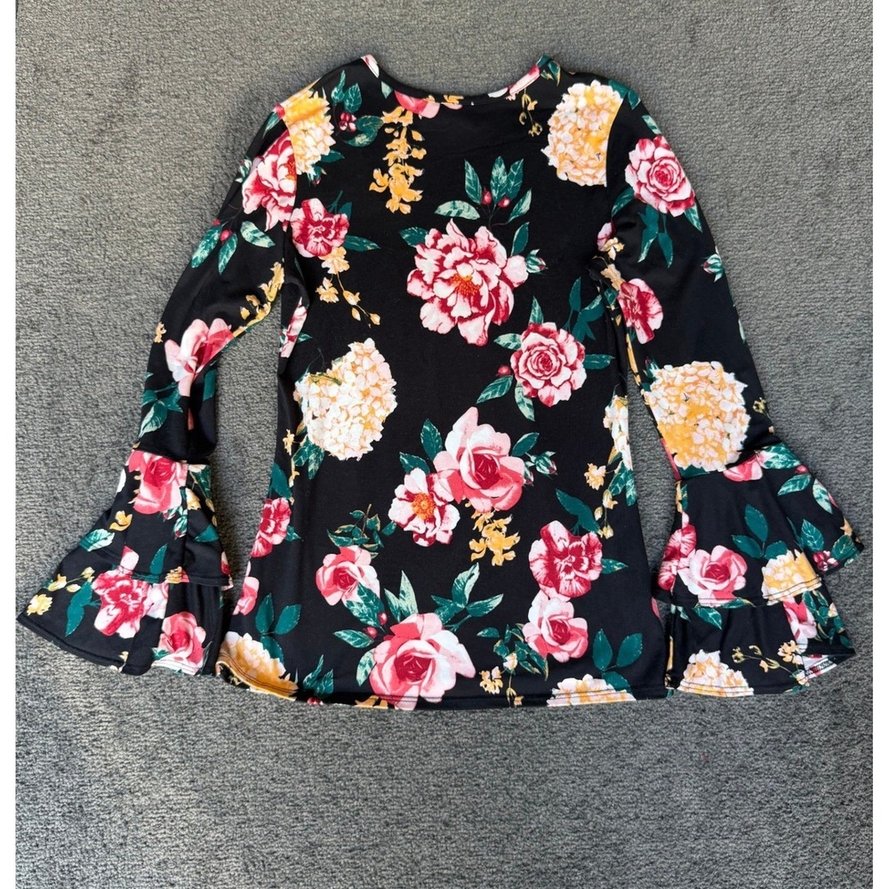 TMG New York Womens Small Floral Long Sleeve Ruffle Bell Sleeve Top Black Pink‎